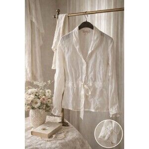 Whitewash 100% Cotton Lace Tie Waist Blouse Small Sheer LightweightRomanticChic
